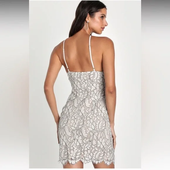 NWT Lulu’s Delicate Darling Beige & Ivory Lace Bodycon Halter Dress - Picture 10 of 10